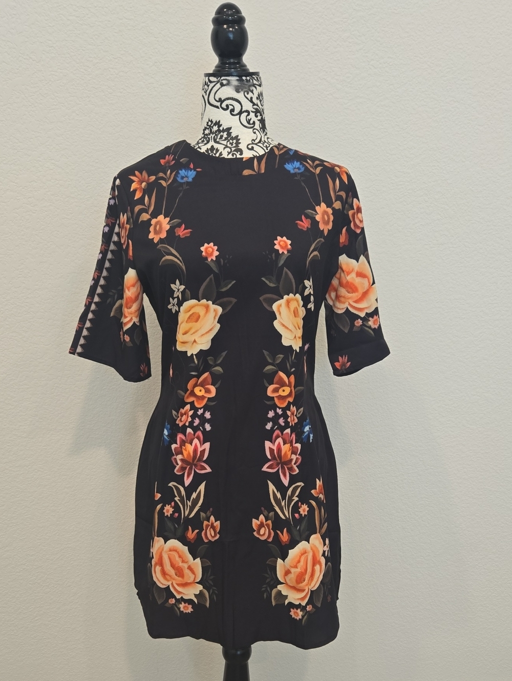 Black Floral Mini Dress with Peach & Pink Blooms